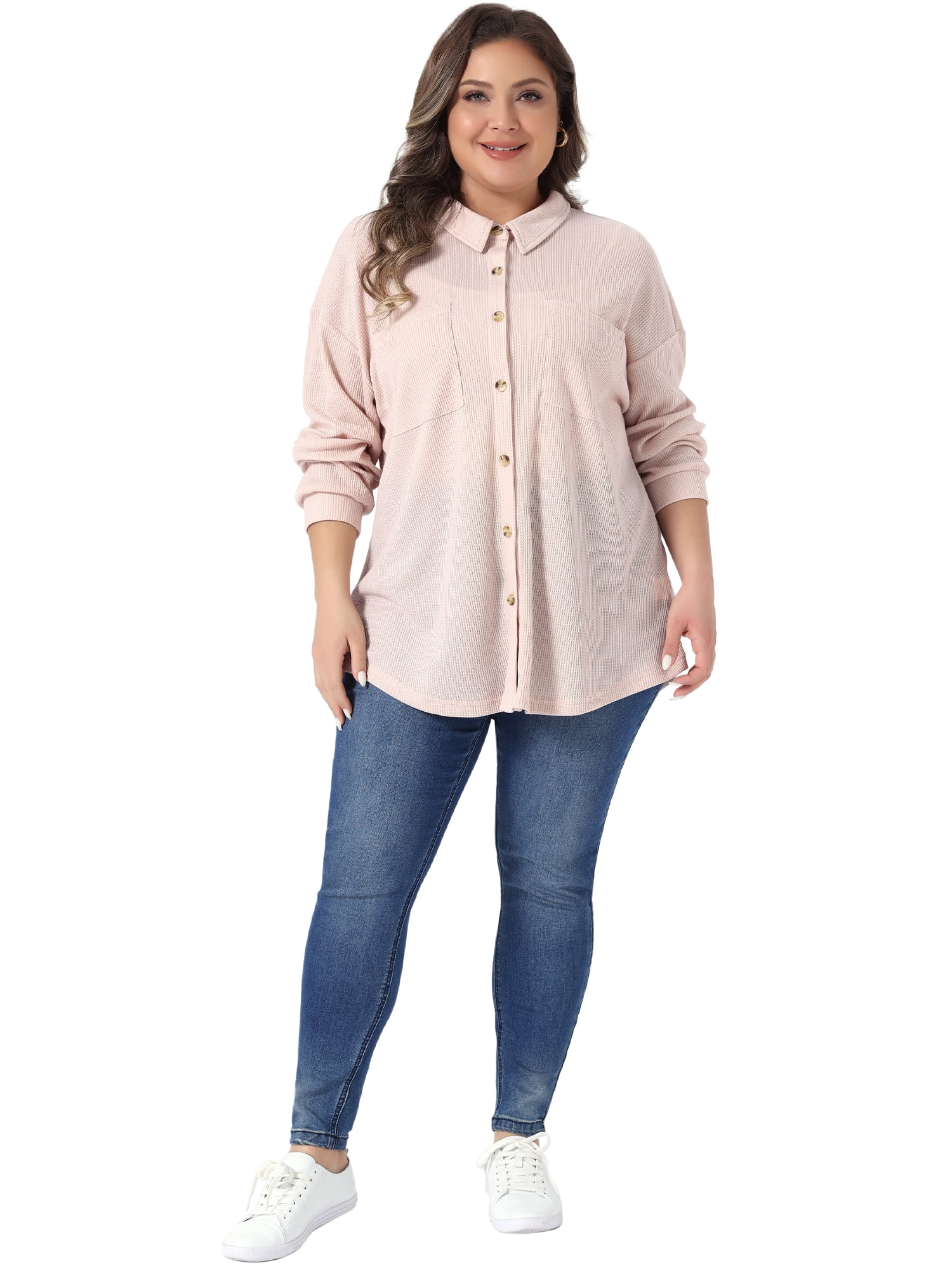 DARING DIVA Women's Plus Waffle Knit Shirt Long Sleeve Button Down Jacket 3X Gray Pink