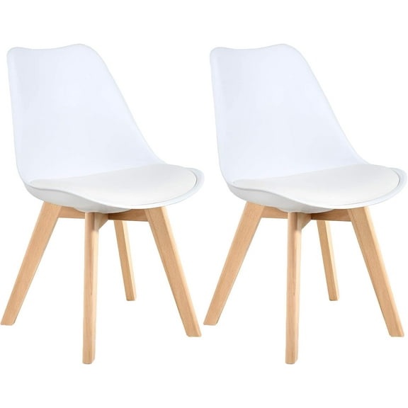 Mid Century Modern Dining Chairs,Shell Lounge Plastic Side Chair with Soft Padded and Wooden Legs for Dining Room Living Room Bedroom Kitchen Set of 2 (White)
