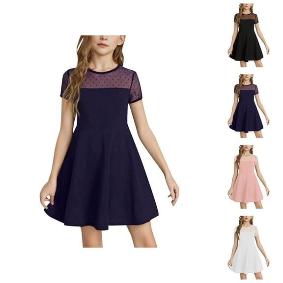 Girls Dress Solid Color Mesh Stitching Cute Summer Short Everyday Dress for Kids Girls Dresses for Casual Party School Holiday Vacation Beach Wear