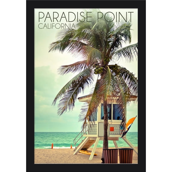 Paradise Point, California - Lifeguard Shack & Palm - Lantern Press Photography (16x24 Giclee Art Print, Gallery Framed, Black Wood)
