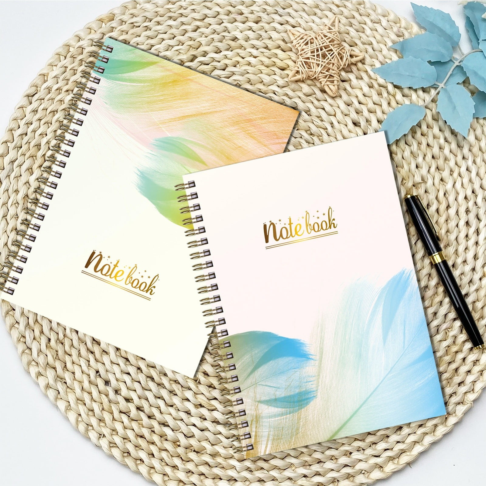VKLU A5 Spiral Notebook - Elegant Feather Pattern Lined Journal, Portable Wirebound Notepad with English Coil Binding for Office Meeting Notes and Daily Writing, A
