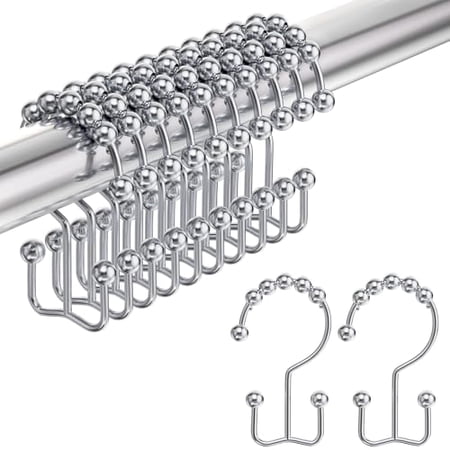 Shower Curtain Hooks Rings Rust-Resistant Stainless Steel Double Shower Curtain Hooks Shower Hooks for Shower Curtain and Liner Bathroom Set of 12 Chrome