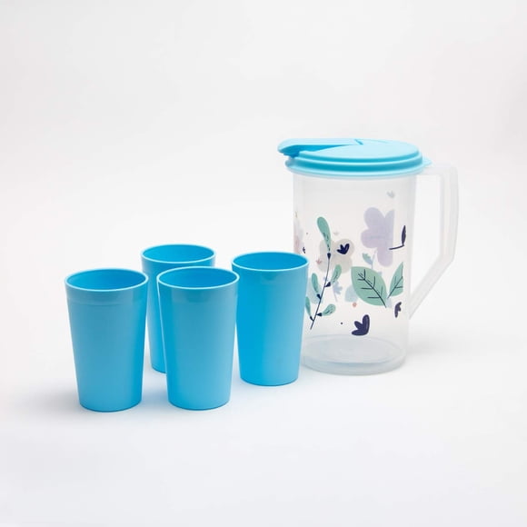 100% Food Grade Printed Plastic Water Jug With 4 Tumblers - 2 Liters, Blue | Unbreakable Drinkware Set - BPA Free, Leak Proof, Freezer Safe, Non-slip
