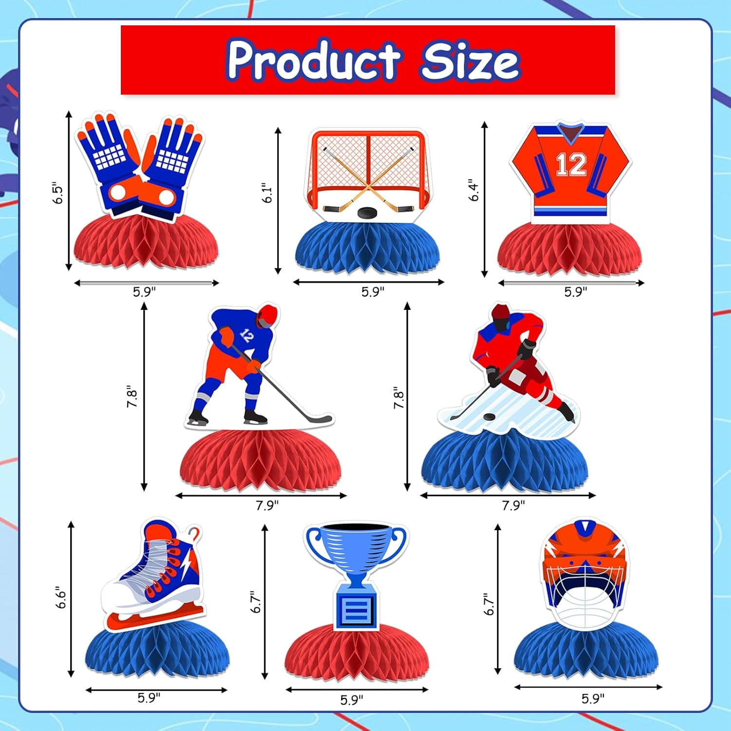 JOYMEMO 8Pcs Red Blue White Ice Hockey Honeycomb Centerpieces, Hockey Table Decorations for Men Boy Birthday Baby Shower Fans Gameday Party, Ball Sports Gifts School Home Decor Supplies