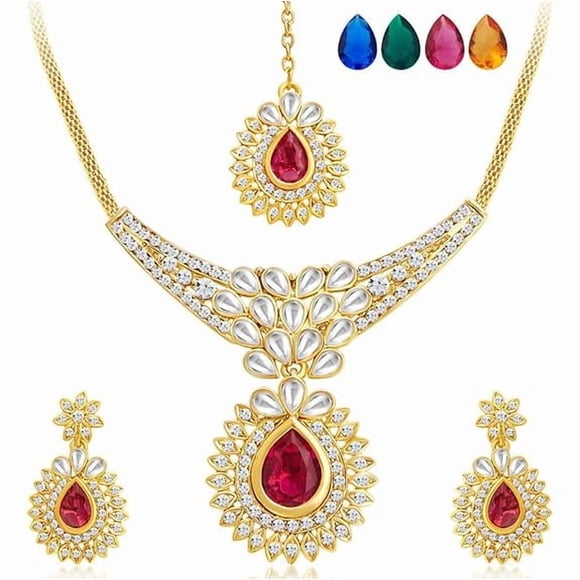 Attractive Gold Plated Multicolor Kundan Necklace Set With Earring & Maang Tikka For Women