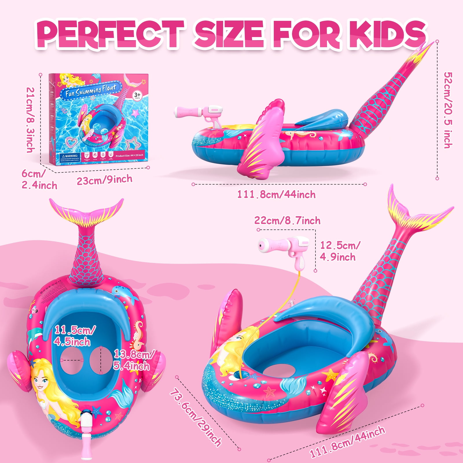 Kids Pool Floats with Water Gun, Mermaid Toddler Inflatable Pool Toys for Kids Age 3-8 Years Old, Summer Outdoor Water, Beach, Swimming Pool Toys Gift