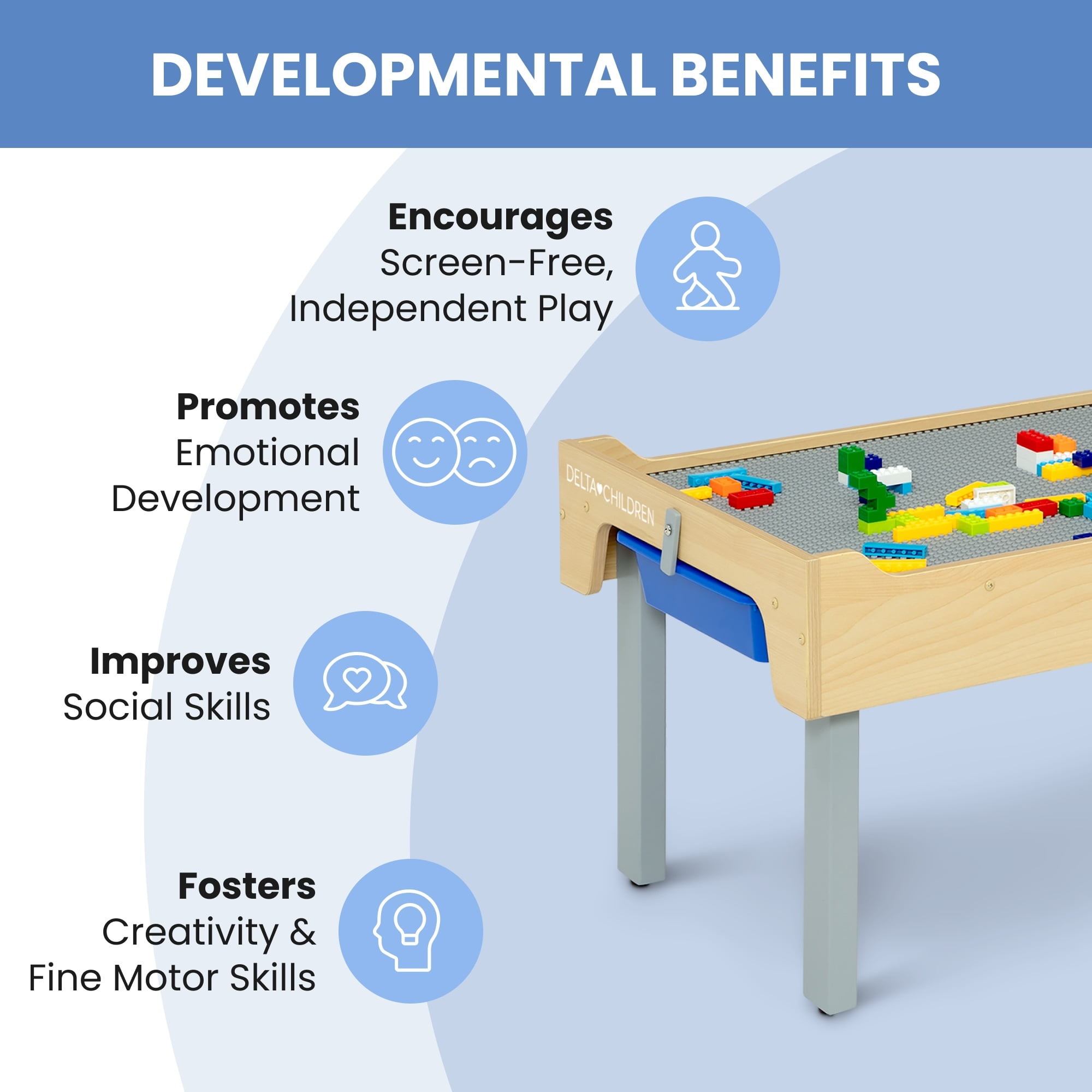 Delta Children Wooden Play N Store Building Bricks Play Table with 100+ Play Bricks Included - Large Brick Plate Compatible with LEGO, MegaBlocks & More - Legs Fold for Easy Under Bed Storage, Grey