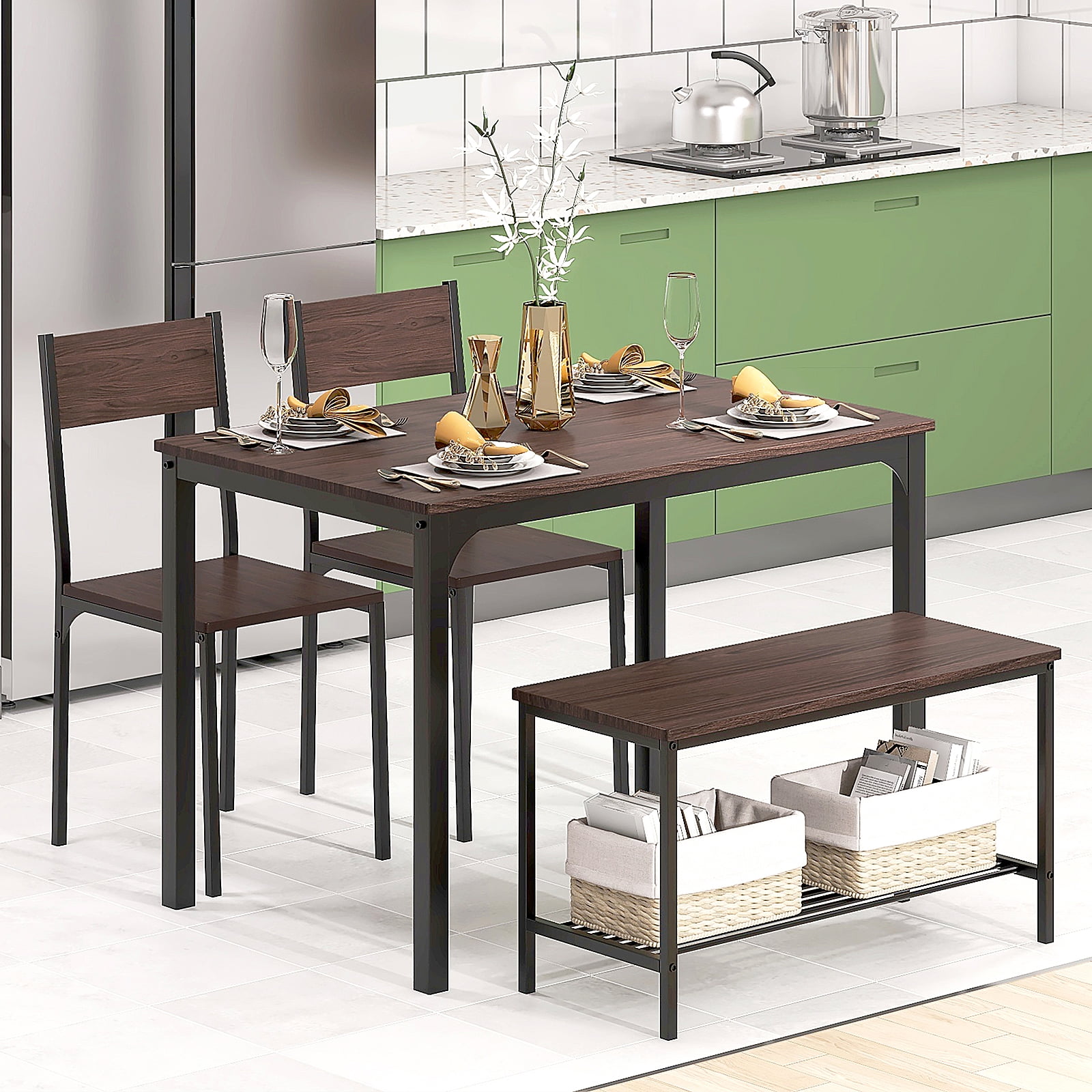 SogesPower Dining Table Set for 4, Kitchen Table with 2 Chairs and 1 Bench, Use for Living Room Dining Room Kitchen, Brown