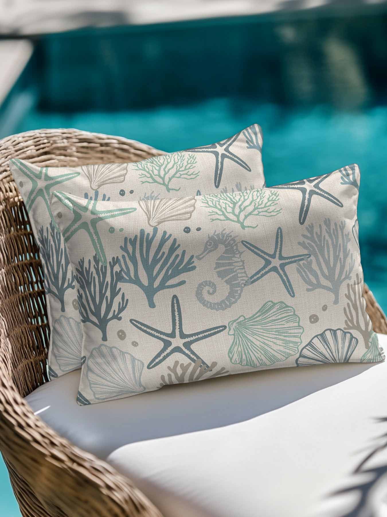 Waterproof Outdoor Throw Pillows with Inserts 12"x20" Set of 2,Aqua Teal Coastal Soft Decorative Pillowcases for Bedroom,Summer Beach Starfish Coral Nautical Rustic Pillow Covers for Sofa Living Room