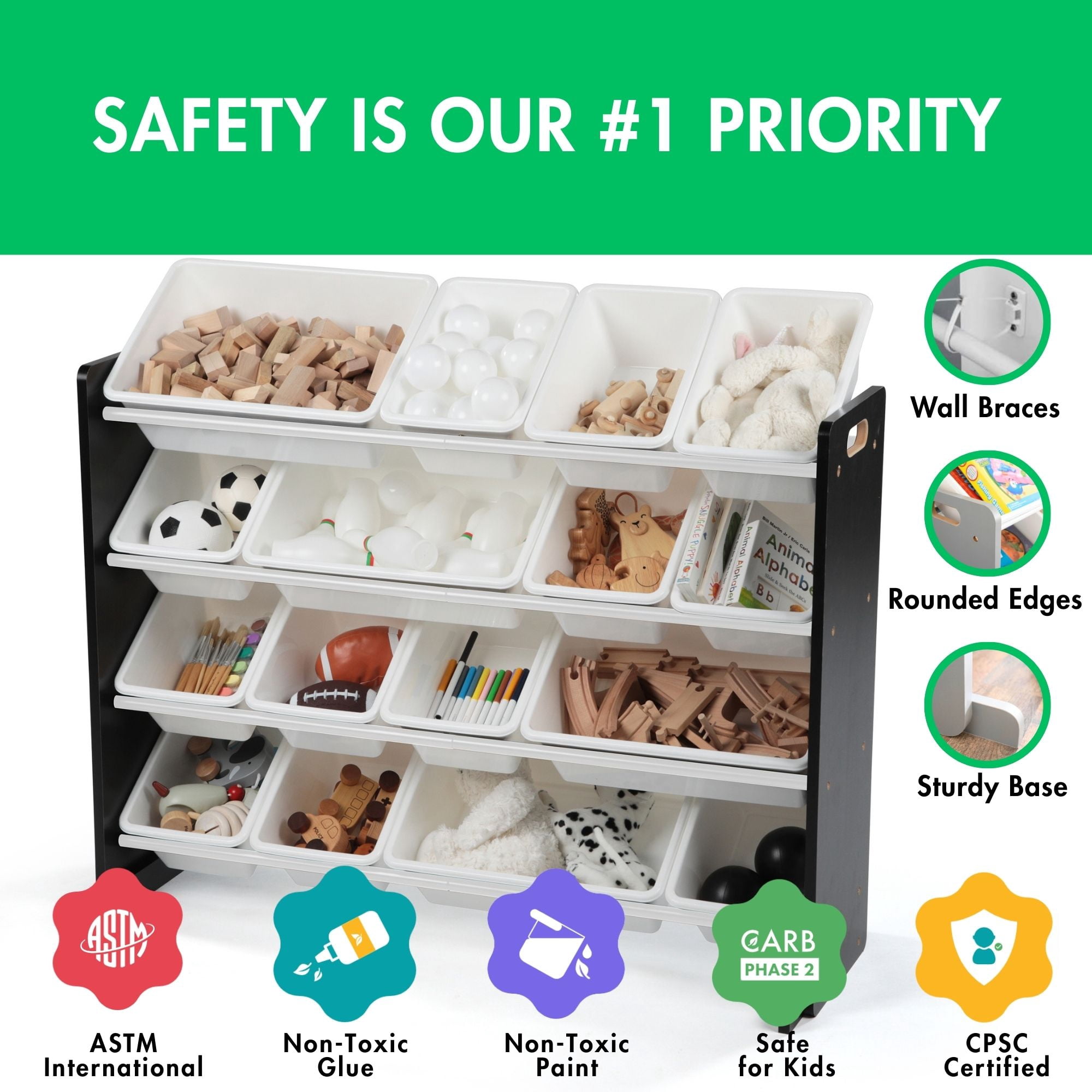 Humble Crew Storage Organizer with 16 Plastic Bins for Kids & Toddlers, Espresso/White