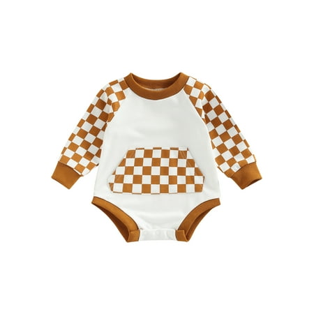 

Coduop Newborn Baby Boys Girls Long Sleeve Romper Plaid Pattern Patchwork Front Pocket Playsuit