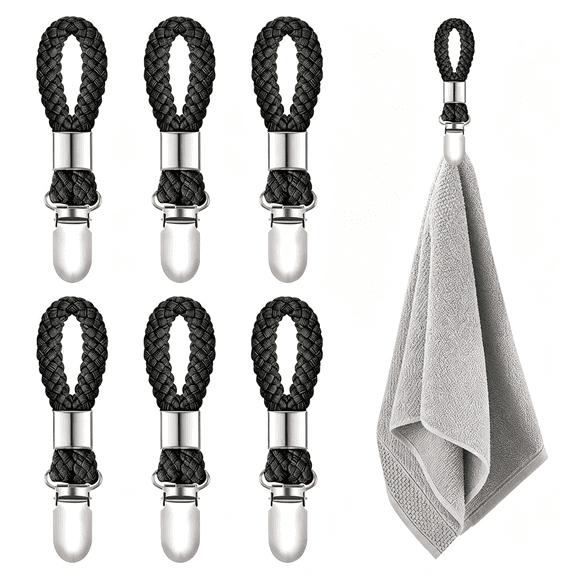 LQSEO 6Pcs Kitchen Towel Clips, Metal Clips for Hanging with Braided Cotton Loop | Kitchen Hand Towel Holder Hook with Hanging Loop for Home Bathroom Cupboards Cloth Hanger Holder