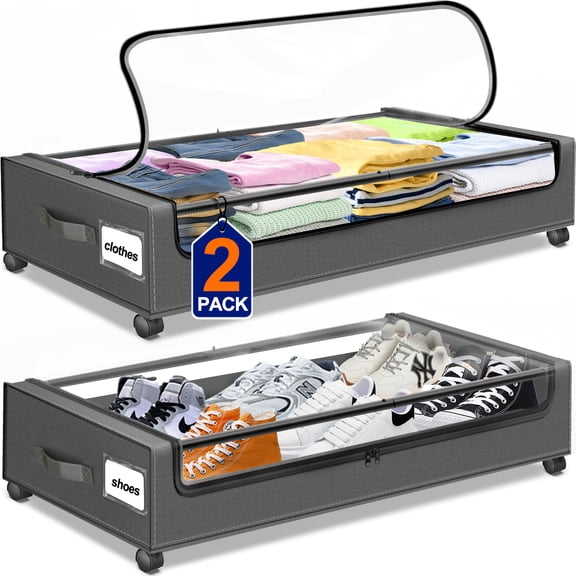 Under Bed Storage with Wheels, 2 Pack Under Bed Storage Containers with Clear Lids & Dividers, Underbed Storage Organizer & Underbed Storage with Wheels for Clothes, Blankets, Shoes