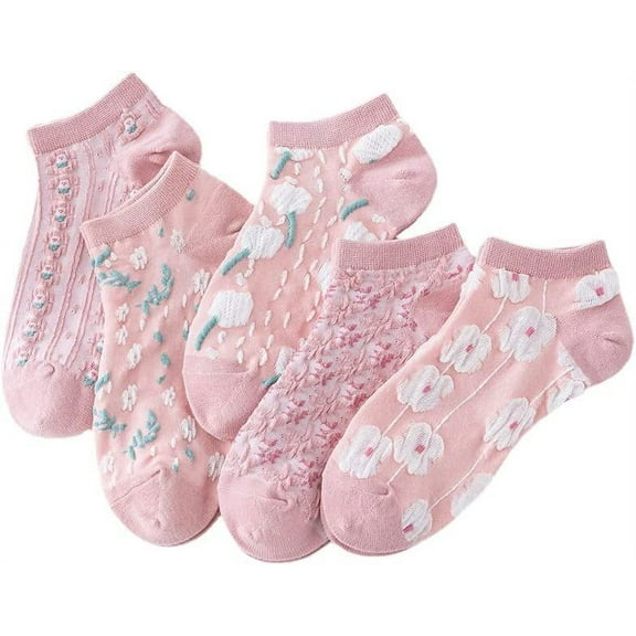 Zhengup 5 Pair Pink Cute Socks, Cottagecore 3D Floral Crew Socks for Women, Y2K Summer Soft Breathable Ankle Socks