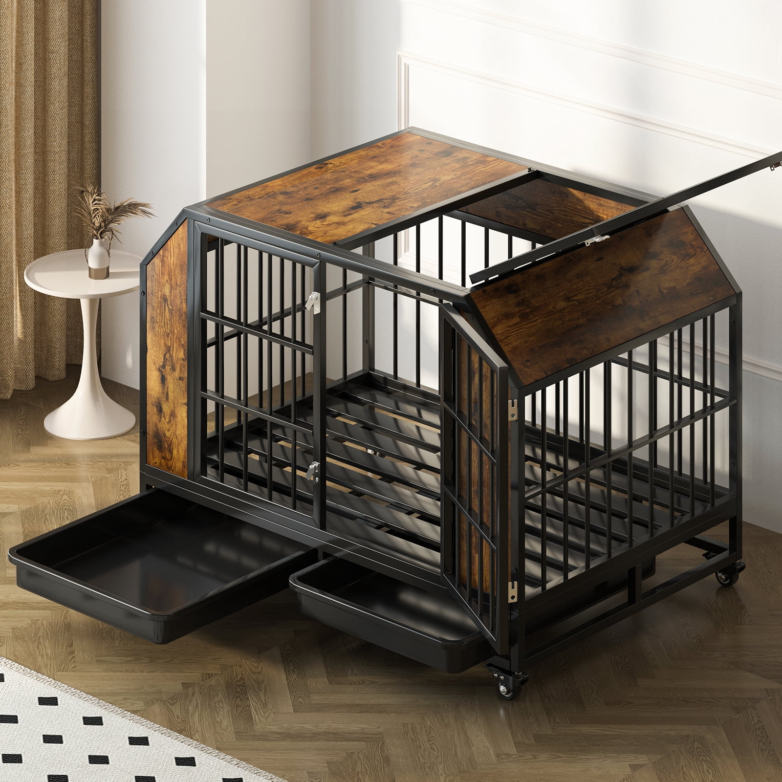 TABU 42" Furniture Style Dog Crate, Wooden Dog Kennel, Heavy Duty Dog Crate with Lockable Wheels, Rustic Brown