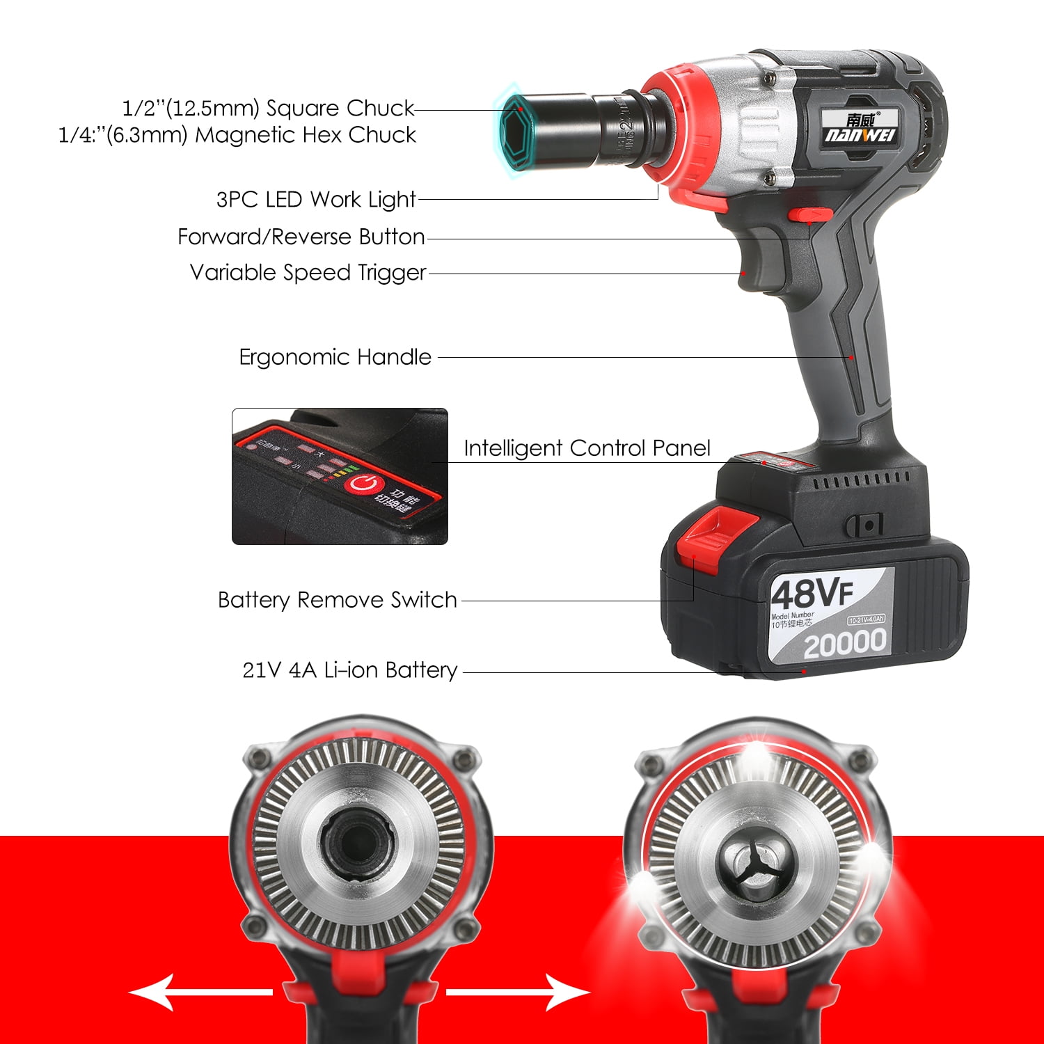 NANWEI Cordless Impact Wrench 380Nm Torque Brushless Motor with 1 2 and 5 16 Inch Quick Chuck 2x4.0A Fast Variable Speed Multifunction Impact Kit with Belt and Carrying Case Walmart