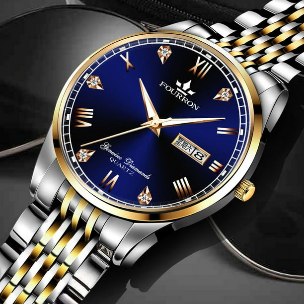 Reloj no mecánico para hombre, reloj para hombre, dorado, clásico, correa de acero fina, resistente al agua, luz nocturna, reloj de cuarzo para hombre