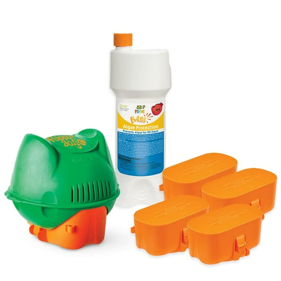 Flippin’ FROG XL Complete Floating Sanitizing System   4 Flippin’ FROG XL Replacement Cartridges   FROG BAM 90-Day Algaecide, Quick and Easy All-in-One Pool Sanitizer