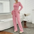 thumbnail image 2 of Prolriy Fall Outfits, Womens 2 Piece Outfits Striped Long Sleeve Square Neck Cropped Top Wide Leg Pants Sets Sweatsuits Lounge Sets for Women Red S, 2 of 8