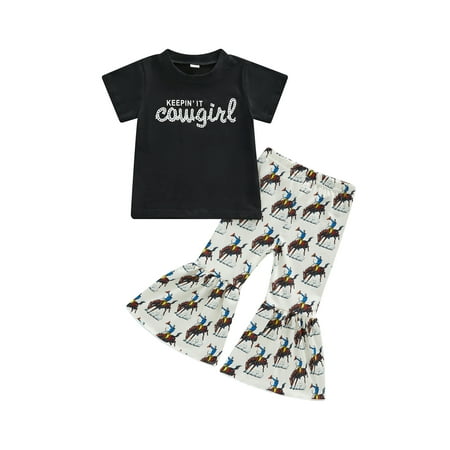 

Bebiullo 2PCS Toddler Baby Girl Summer Bell Bottoms Outfit Cow Head Short Sleeve T-shirt Tops+Flare Pants Black 18-24 Months