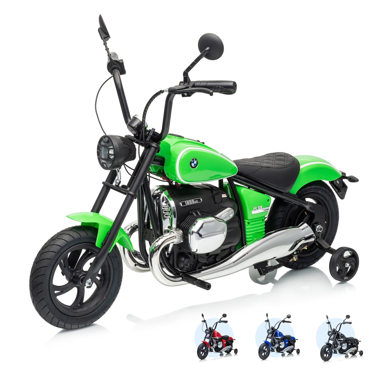 luxury car brand Licensed 24V Electric Dirt Bike Motorcycle 200W Brushless Motor Ride-On w/ Training Wheels 4-16 km/h (Up to 13 MPH) RGB Lights Music & Horn 143 lb Max Ages 5-14 - Green