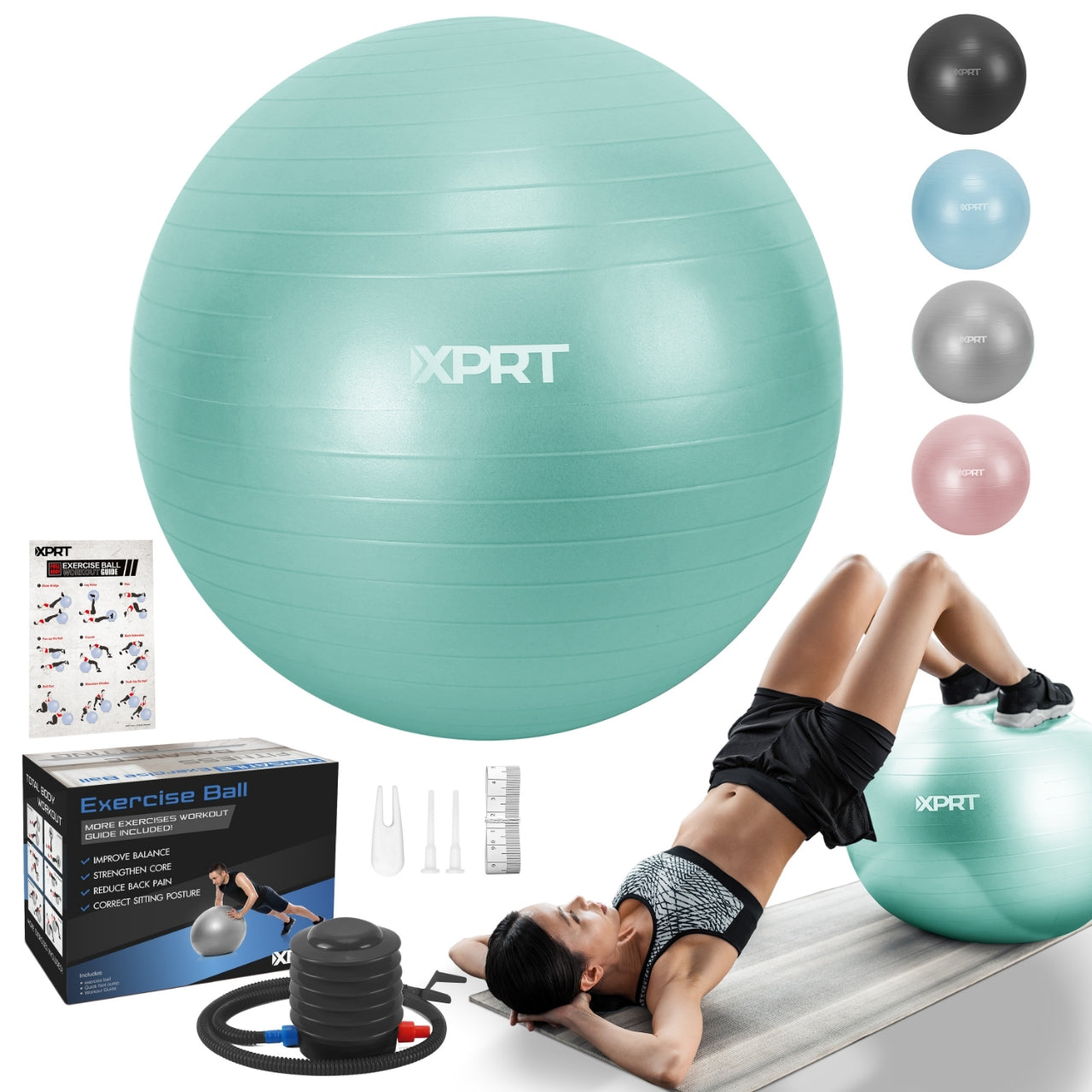XPRT Fitness 55 cm Green Exercise Ball, Non-Toxic Yoga Stability Ball with Foot Pump for Stretching and Balance