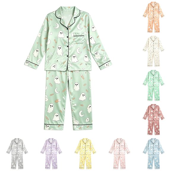 HAYIMI Kids Halloween Girls Spring Autumn Pajama Set Casual Home Wear Long Sleeve Lapel Button Shirts Blouse Tops With Pants Homewear, 16 Years