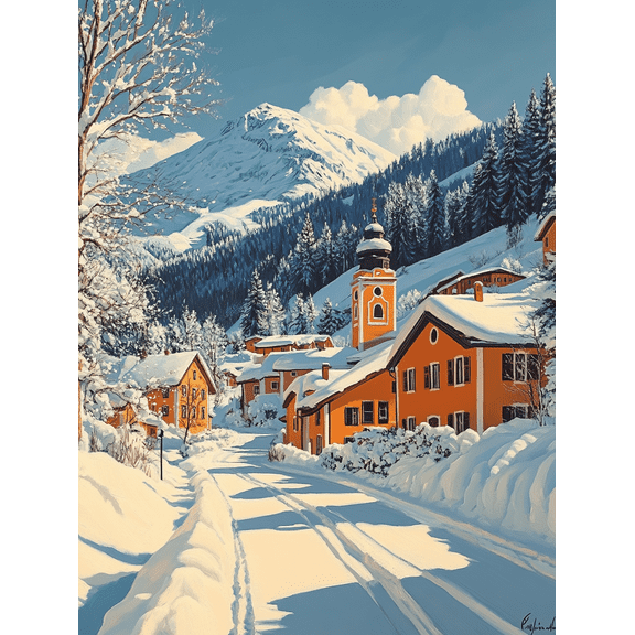 Snowy Village Winter Landscape Canvas Print/Wall Art， Perfect for Living Room， Bedroom， Office， Dining Room， and Hallway Decoration.