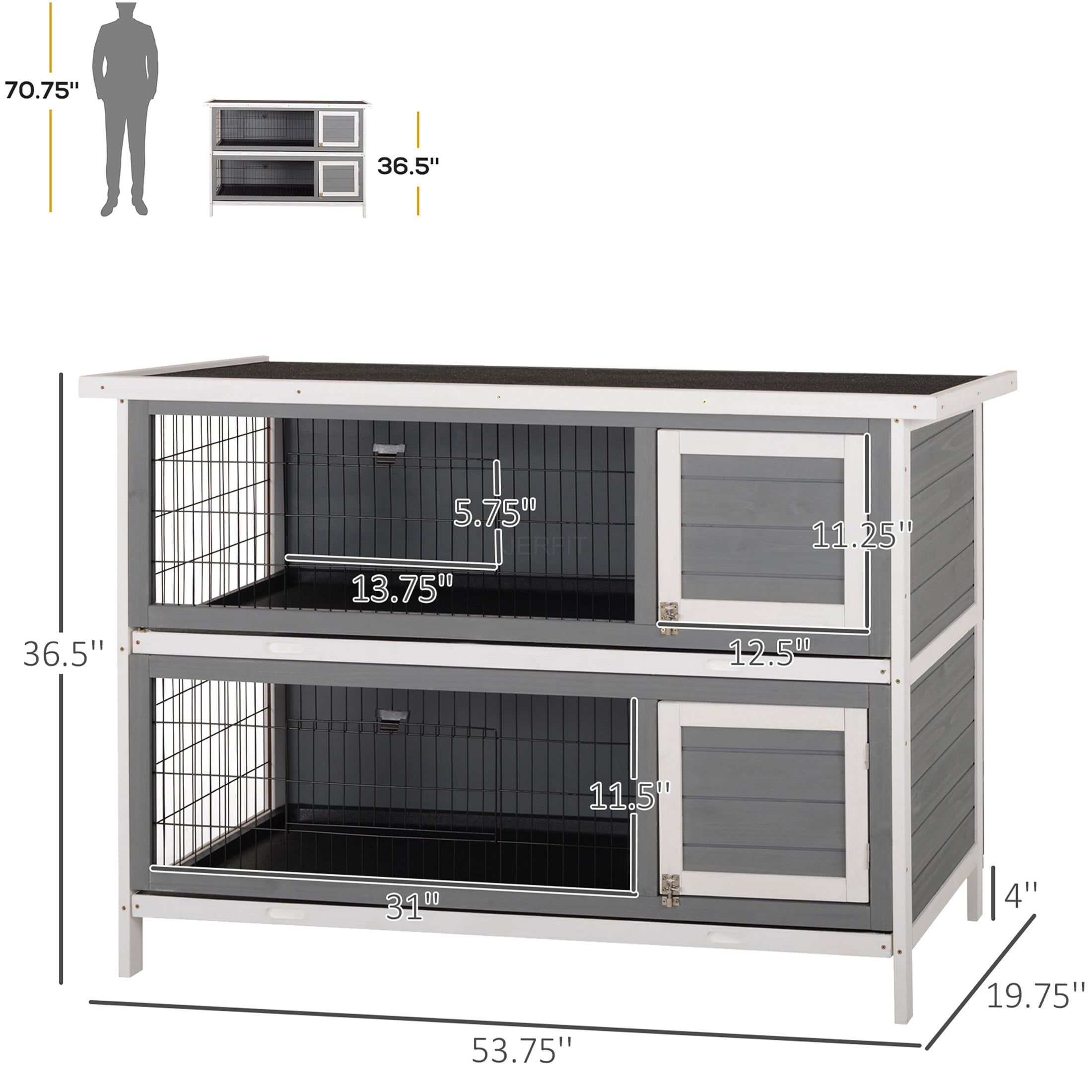 JERFIT 54 Inch Large 2-Story Rabbit Hutch with Waterproof Roof, Leak-Proof Tray & Lockable Doors, Outdoor Indoor Wooden Bunny Cage House for Small Animals, Gray