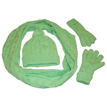 Cold Weather Flyers Cap NICE CAPS Womens Ladies Fleece Lined Cable Knit 3 Piece Hat/Scarf/Glove Winter Cold Weather Headwear Accessory Set With Metallic Specks - For Adults ()