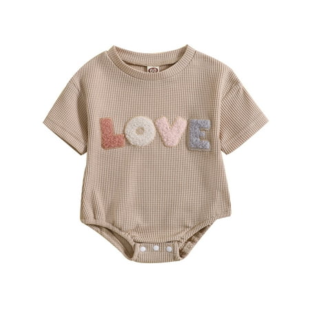 

0-24M Baby Girls Boys Summer Bodysuit Short Sleeve Round Neck Letter Heart Pattern Short Jumpsuit