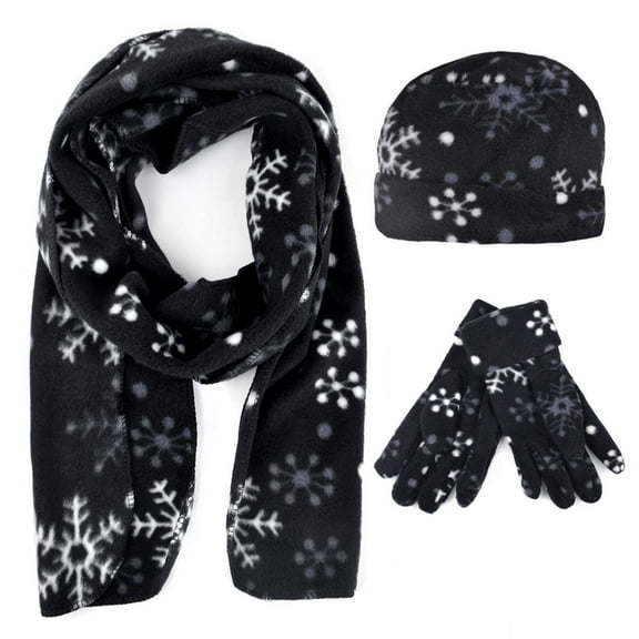 Women's Winter Fleece Winter Set-Polyester Fleece Hat, Gloves, and Scarf Set for Cold Weather (Snow Flakes)