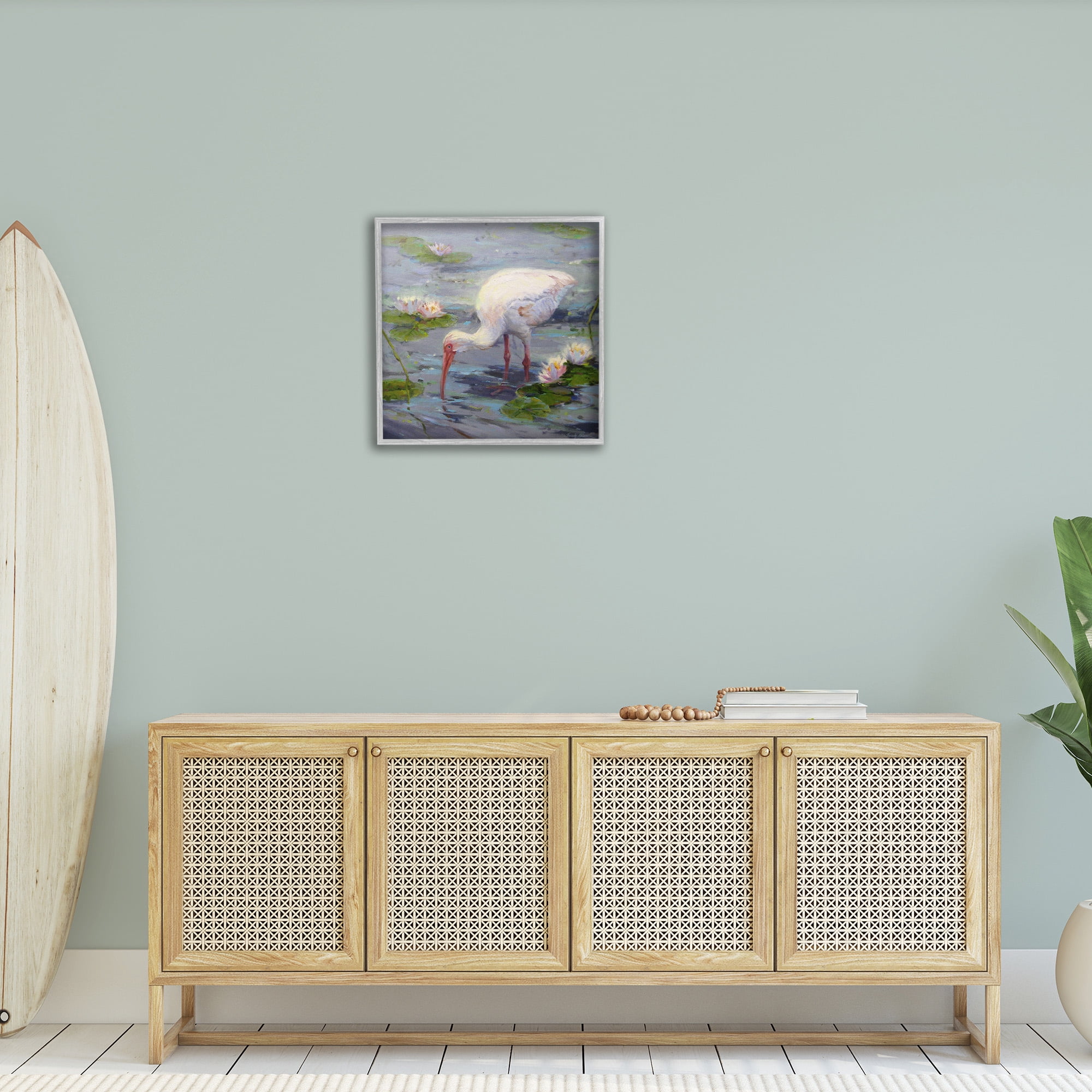 Stupell Industries Water Bird with Pond Lilies Animals & Insects Painting Gray Framed Art Print Wall Art, 24 x 24