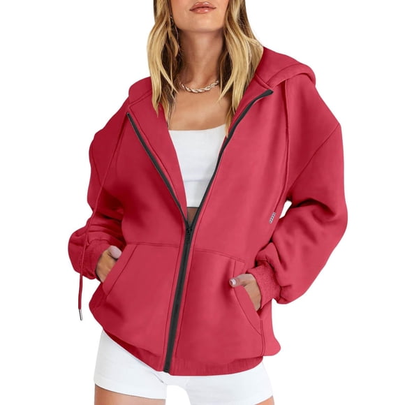 Fgnfyis Women's Casual Solid Color Pocket Zipper Hoodie Womens Hoodies with Zippers Red M