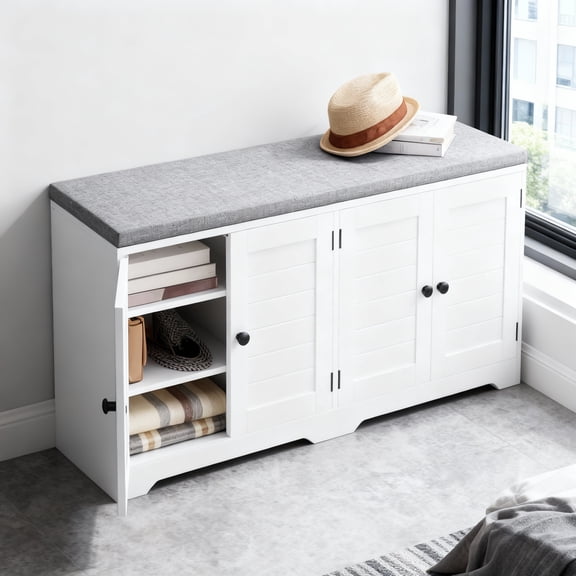 LEDREM Shoe Storage Bench with Cushion, 3-Tier Entryway Bench with Doors and Adjustable Shelves, Padded Seat Shoe Organizer for Hallway or Bedroom, Cloud White and Dove Gray