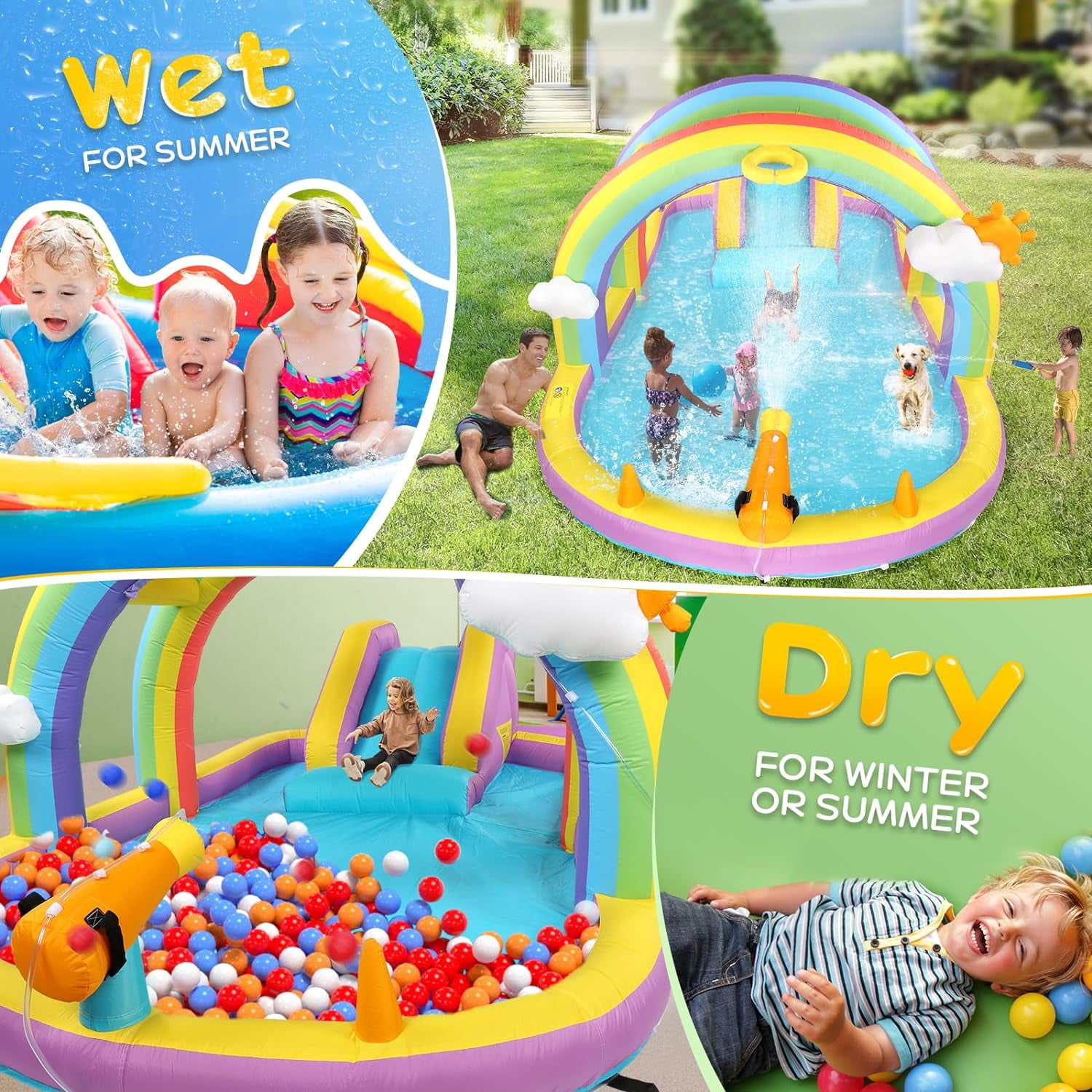 (2024 New) JOYMOR Inflatable Water Slide with Blower, Inflatable Kids Water Slide with Climbing Wall, Water Cannon, Splash Pool, Blow Up Water Slide for Kids Backyard Summer Party (Rainbow Style)
