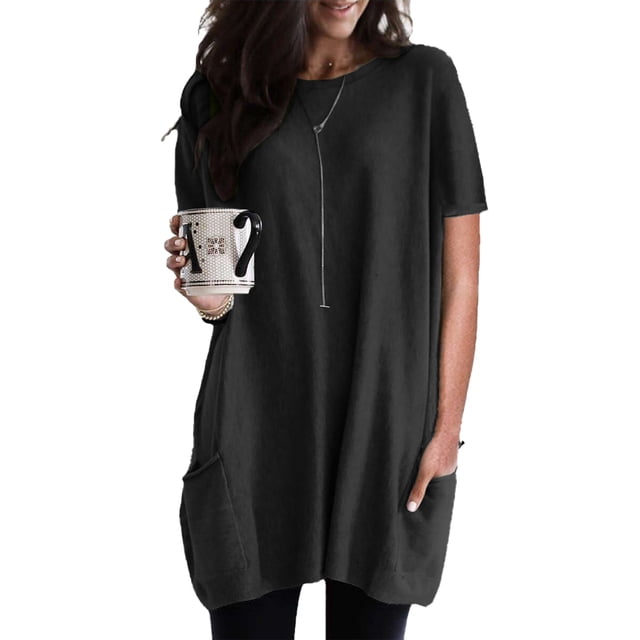 Camiseta larga holgada informal de manga corta con cuello redondo y bolsillos para mujer