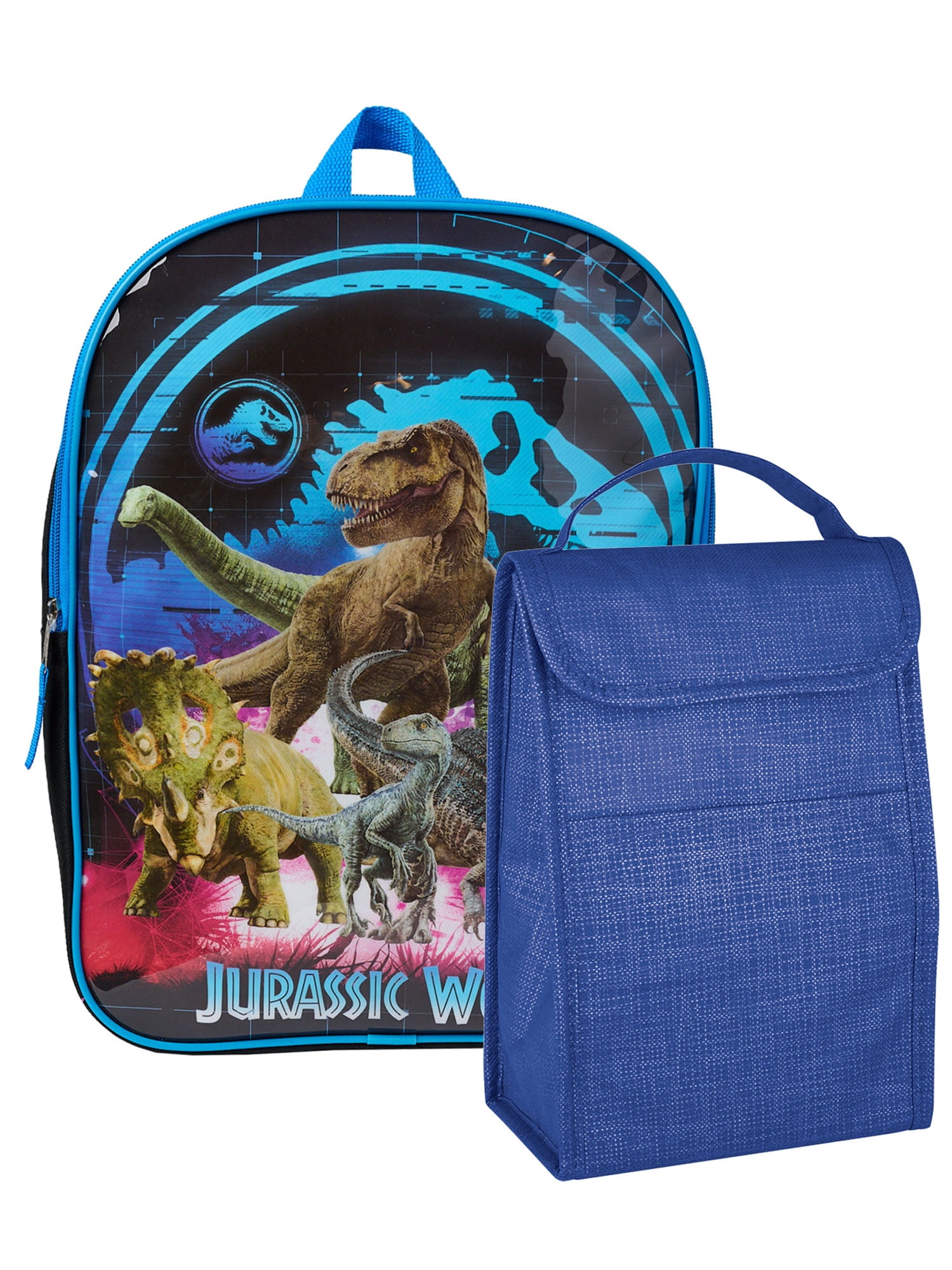 Jurassic World Backpack 15" Dinosaurs w/ Insulated Lunch Bag Crosshatch