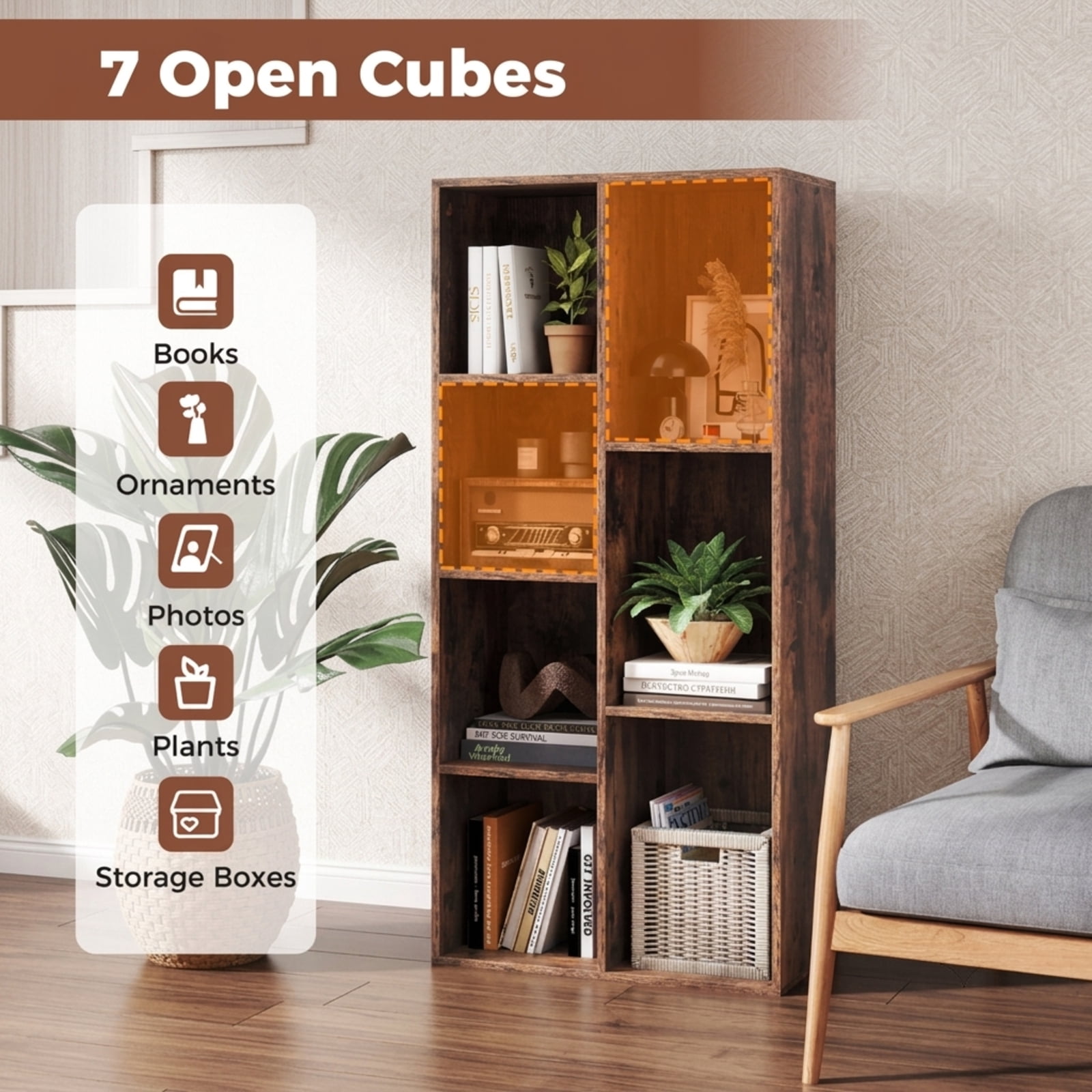 Furnibear Vertical or Horizontal Freestanding Bookshelf with 7 Compartments and Anti-Tipping Kits for Living Room Study, Rustic Brown
