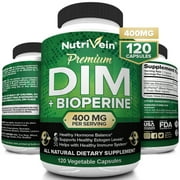 Nutrivein DIM Supplement 400mg Diindolylmethane Plus Bioperine - Maintain Hormone Balance with Estrogen, Progesterone and Testosterone for Menopause - Supports Acne and PCOS Treatment Men & Women