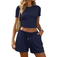 thumbnail image 2 of RFQWOVSR Womens Ribbed Knit Short Sleeve Top and Drawstring Shorts 2 Piece Set Side Split Casual Summer Lounge Outfits L, 2 of 5