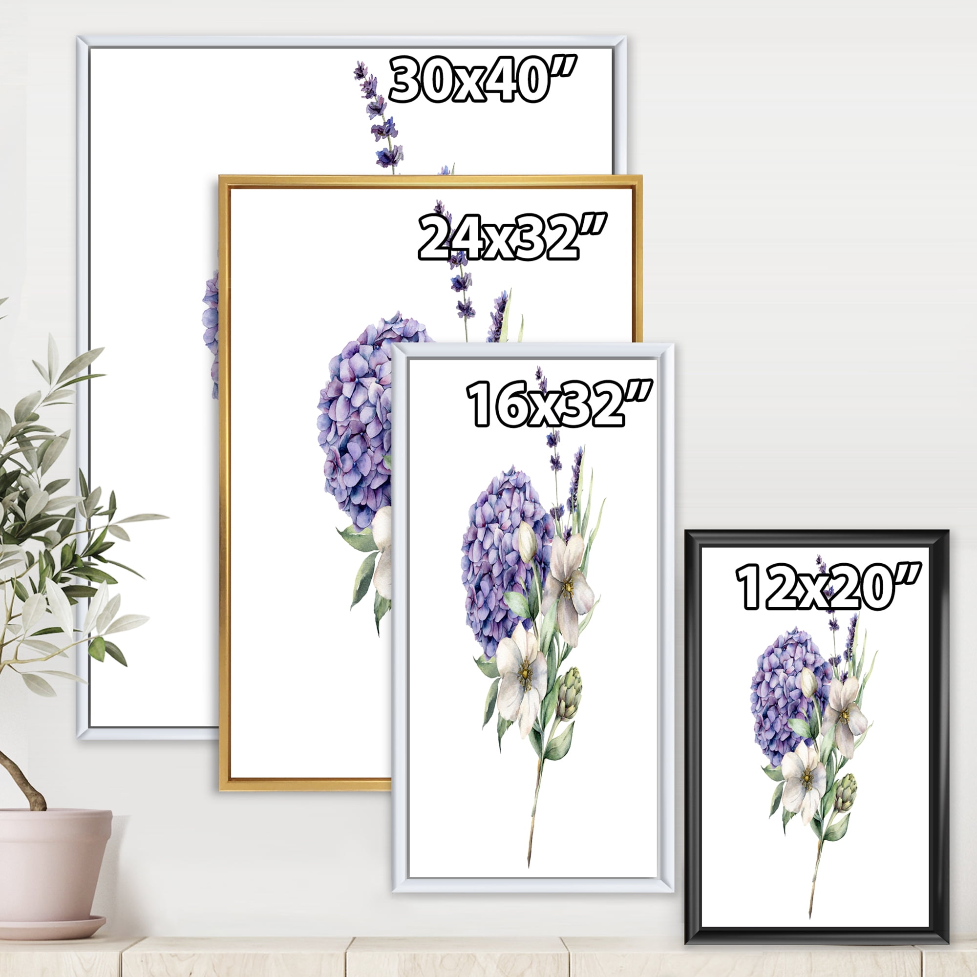 Designart 'Bouquet Of Lavender Anemone Artichoke & Hydrangea ' Traditional Framed Canvas Wall Art Print