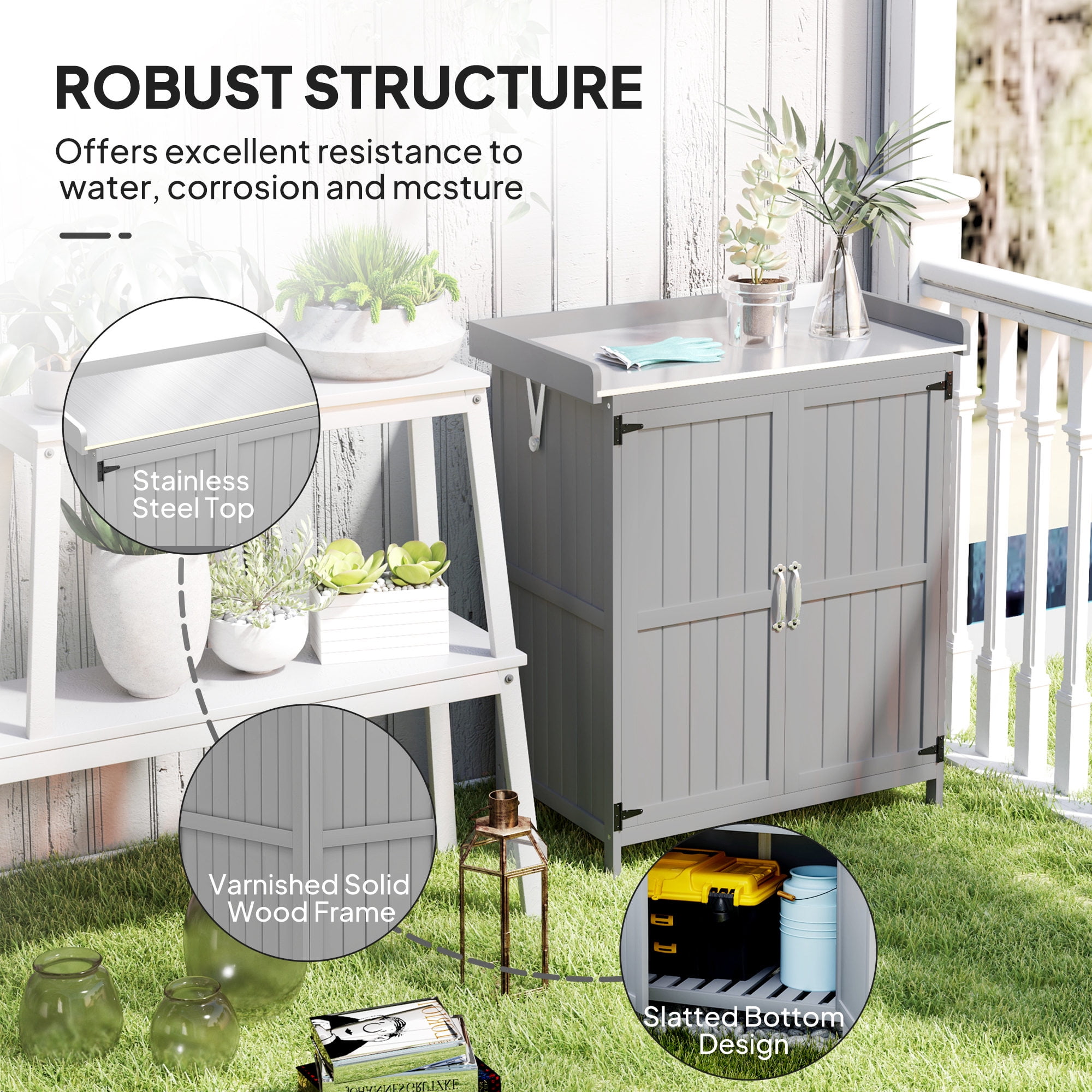 Outsunny Outdoor Garden Shed, Wooden Backyard Shed with Metal Tabletop, Shelf and 2 Doors for Patio, Lawn, Gray