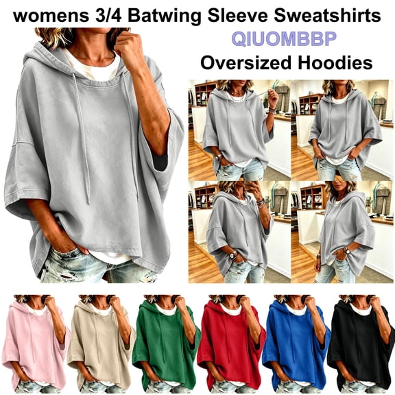 QIUOMBBP Womens Hoodies Drawstring 3/4 Sleeve Hoodie Fall Clothes Solid Loose Fit Hooded Pullover Sweatshirts Khaki S