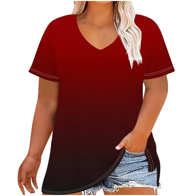 ameIAEA Plus Size Tops for Women Short Sleeve V Neck Loose Tees Gradient Color Side Slit Shirts