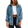 thumbnail image 2 of thefmos Women's Casual Plus Size Button Up Denim Jackets Shacket Long Sleeve Pockets Denim Jean Jacket with Pockets Fashion Fall Outfit, Blue L, 2 of 6