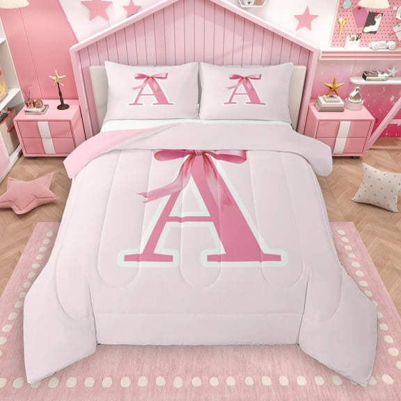 Manfei Letter A Monogrammed Bedding Comforter Set,Cute Cartoon Bowtie Twin Comforter Sets,Pink Bow Tie Bedding Set For Girls Kids,Microfiber Room Decorative Reversible,2 Pieces