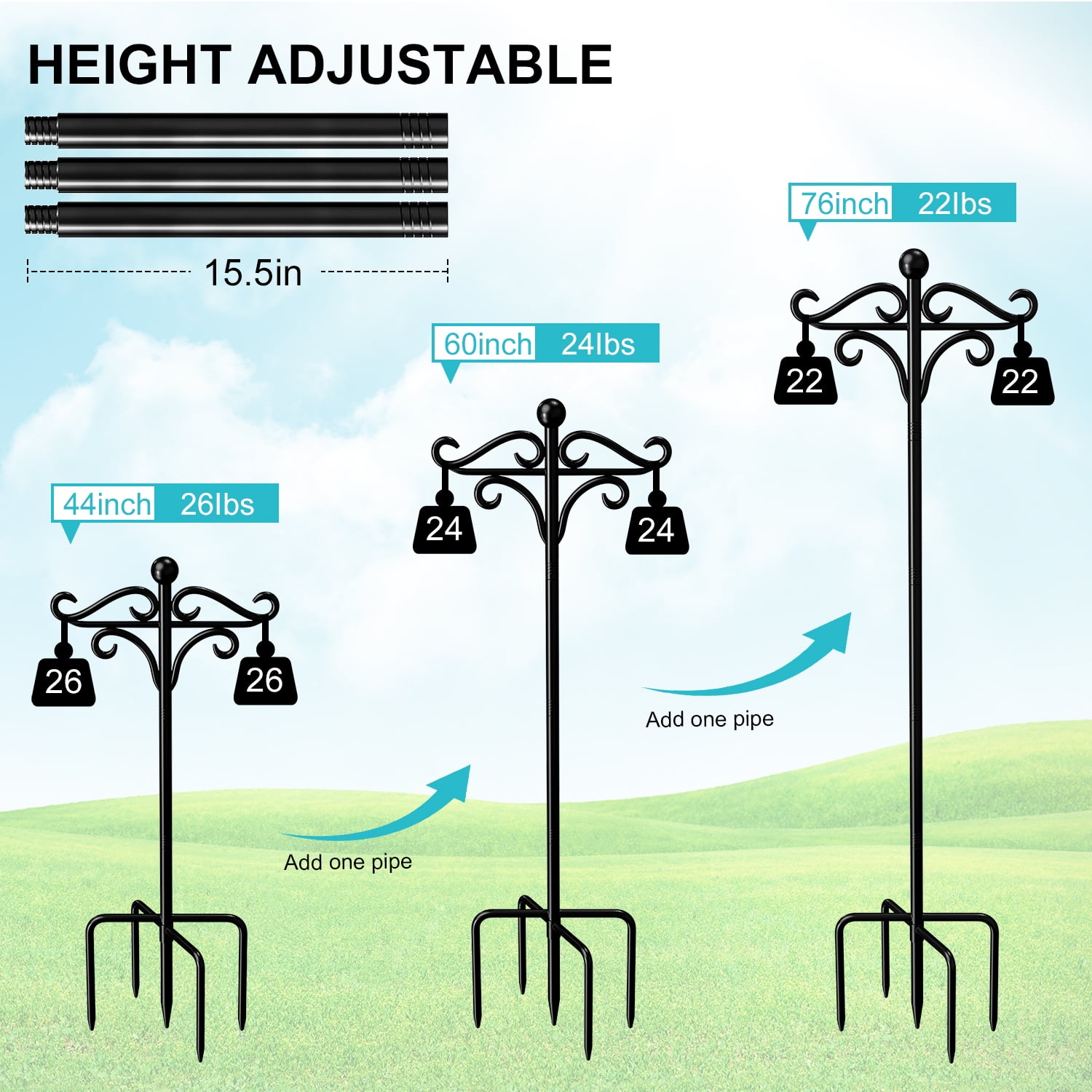 Shepherds Hooks for Outdoor, 76in Double Bird Feeder Poles with 5 Prongs (2 Pack)
