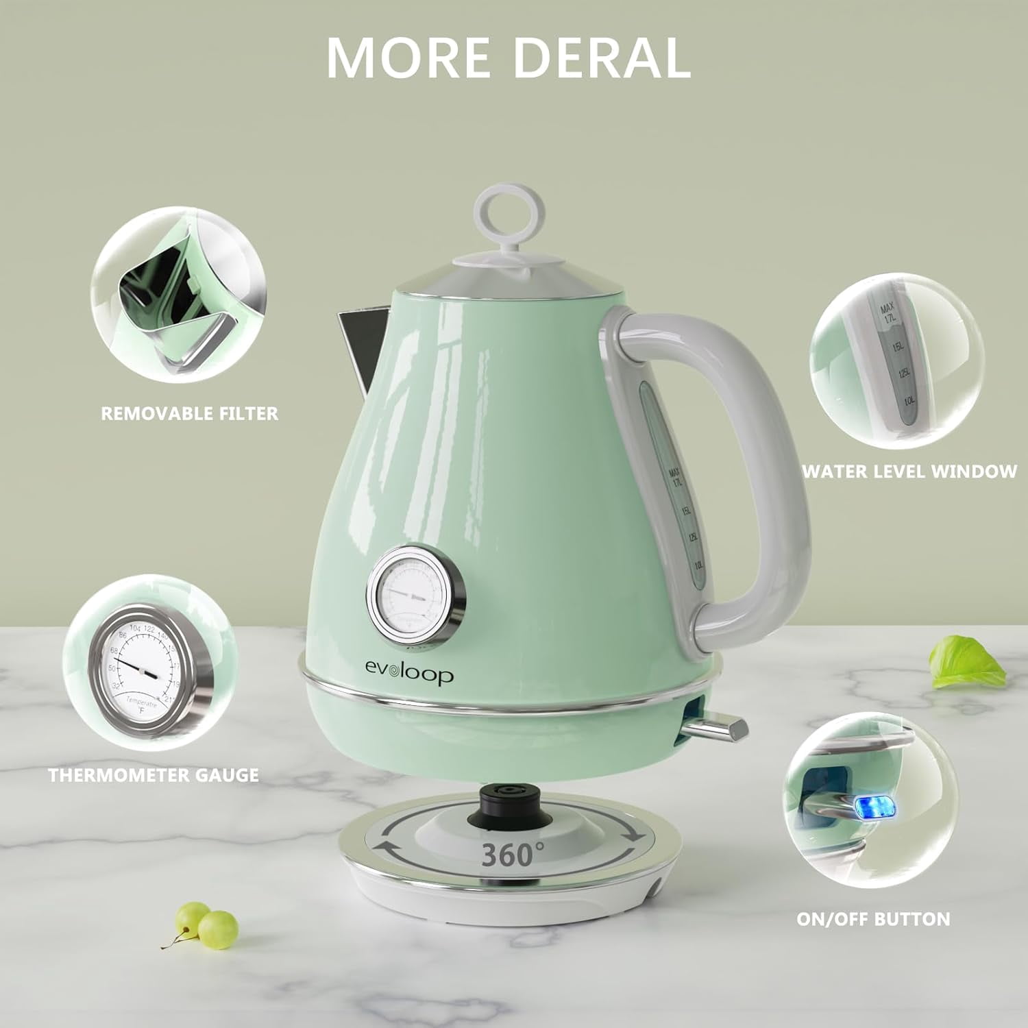 Evoloop Electric Tea Kettle with Rapid Egg Cooker, 1.7L Stainless Steel Hot Water Boiler for Coffee and Tea, 6-Egg Capacity