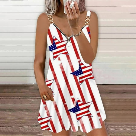 

Hvyesh Sundresses for Women 2023 Summer Loose Fit Maxi Dress Red White and Blue Graphic V Neck Dresses Sleeveless Trendy Bohemian Dress White